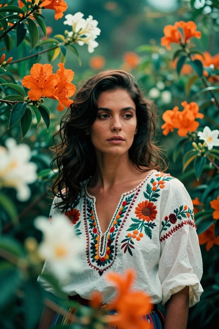 A woman stands amidst lush,  green foliage,  framed by vibrant orange and white flowers. Her dark hair contrasts with her...