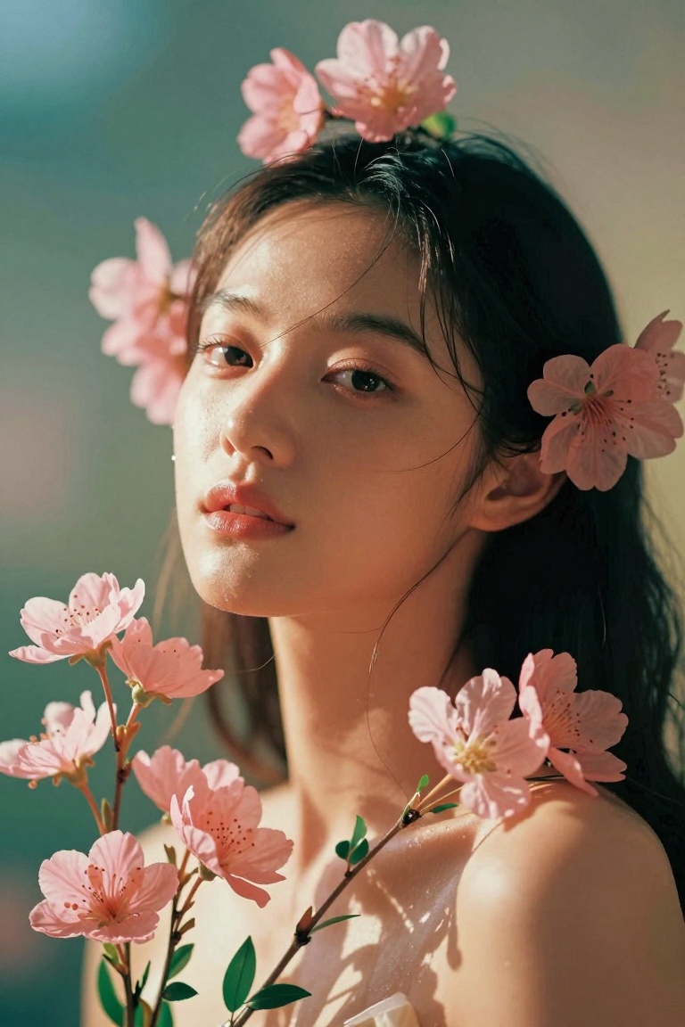 a serene and ethereal scene with a young asian woman surrounded by delicate pink flowers. Her skin is smooth and glistenin...