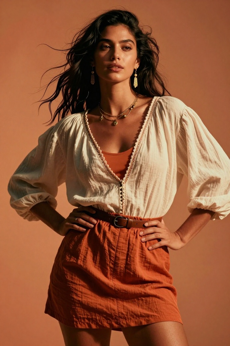 A breathtakingly beautiful young woman standing gracefully against a warm apricot studio backdrop,  her long dark hair sty...