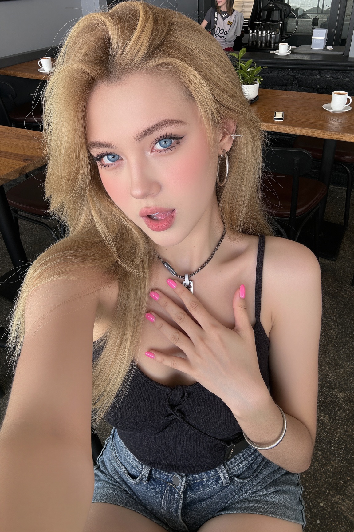 photo. fun sexy sensual popular college student female taking sexy selfie while sitting in a coffee shop,  high angle. fli...