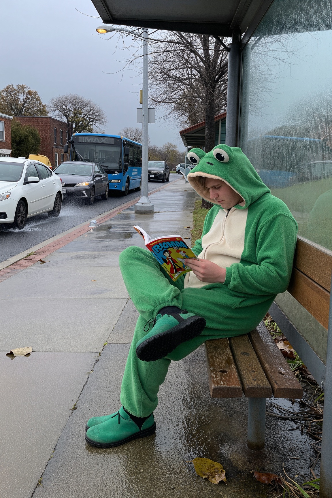 A gray,  drizzly afternoon at an urban bus stop. A man in a bright green frog onesie lounges on the bench,  legs crossed o...