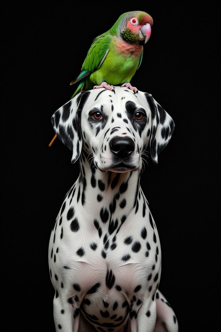 The image shows a Dalmatian dog with distinctive black spots on a white coat,  sitting against a black background. On the...