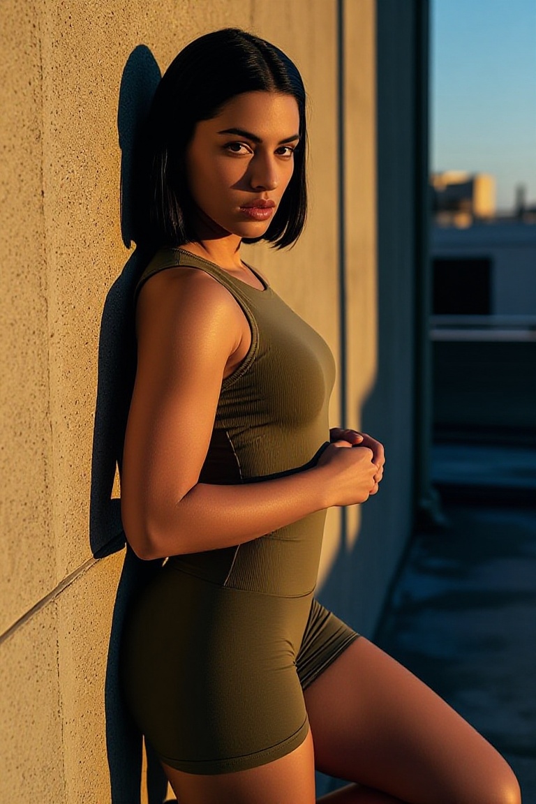 A toned young woman with sleek straight black hair and piercing dark eyes is standing against a rough concrete wall in an...