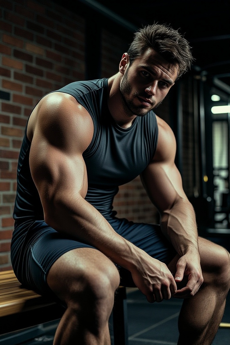 A muscular young man with tousled brown hair and stubbled jaw is sitting on the edge of a wooden bench in a dimly lit clas...