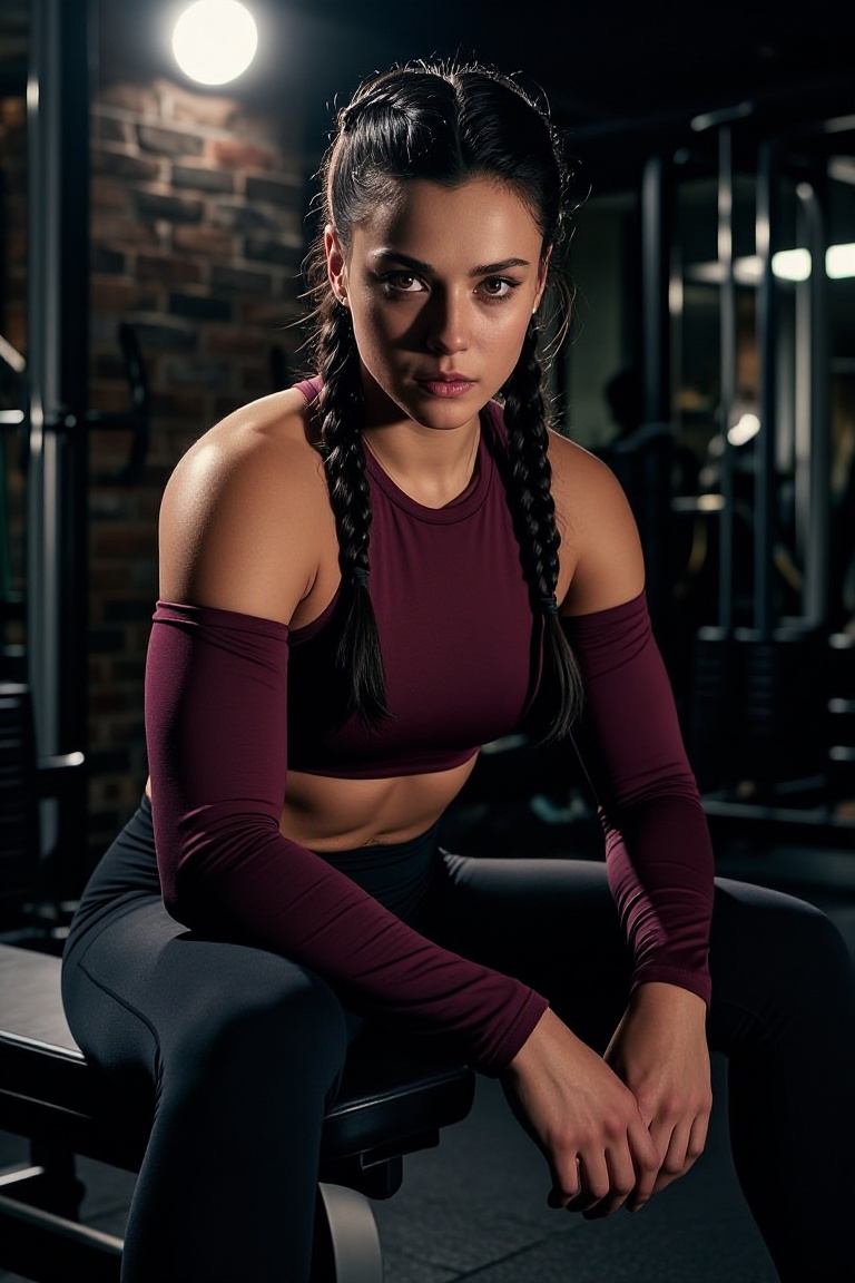 A strong young woman with braided dark hair and determined brown eyes is sitting on the edge of a weight bench in a dimly...