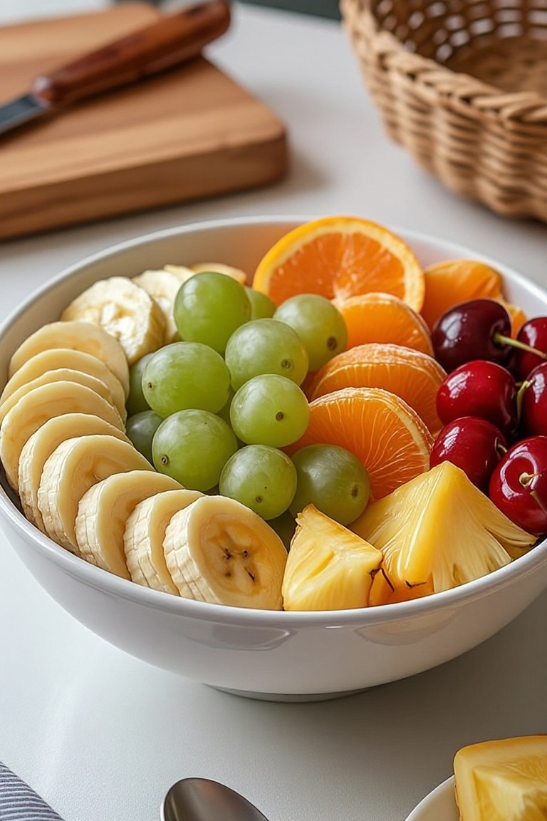 The image shows a bowl filled with a colorful fruit salad. The fruits include slices of bananas,  green grapes,  orange se...