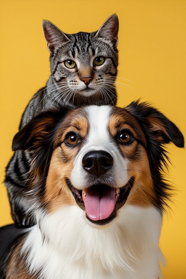 The image shows a close-up of a dog and a cat. The dog has a white and brown coat with a friendly expression,  and it is s...