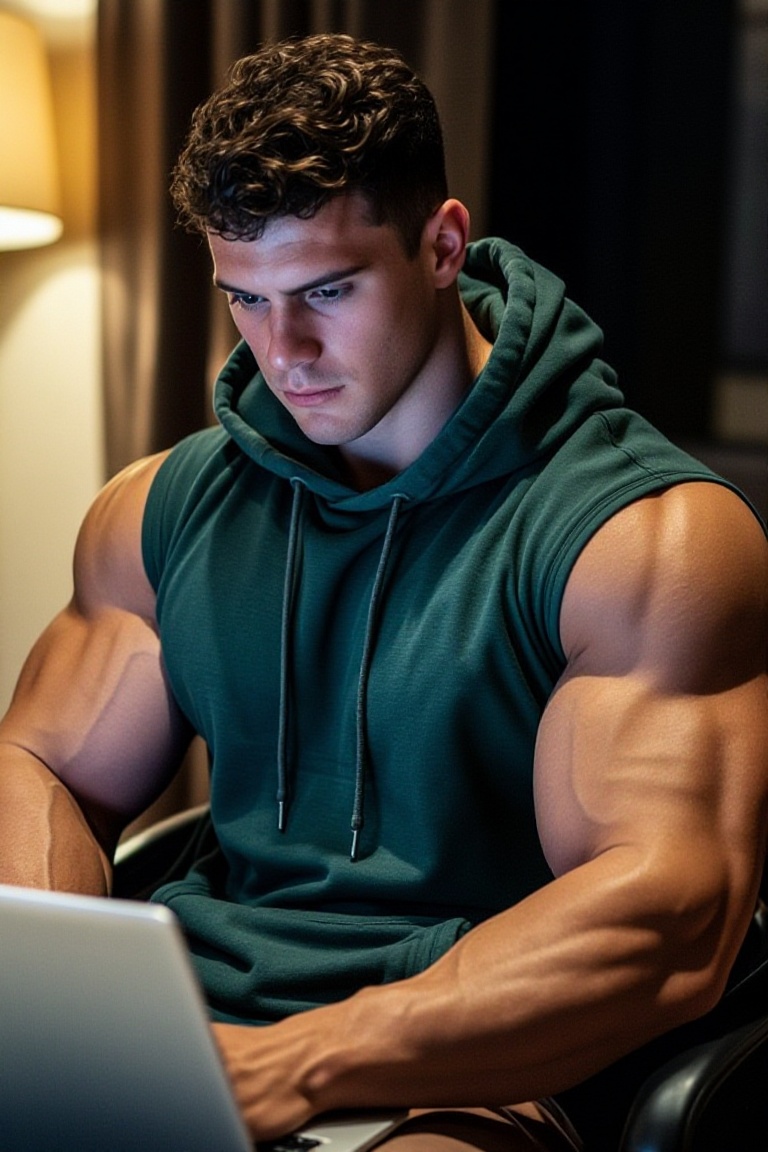 The image shows a person wearing a dark green hoodie,  sitting in front of a laptop. The individual has short,  slightly c...