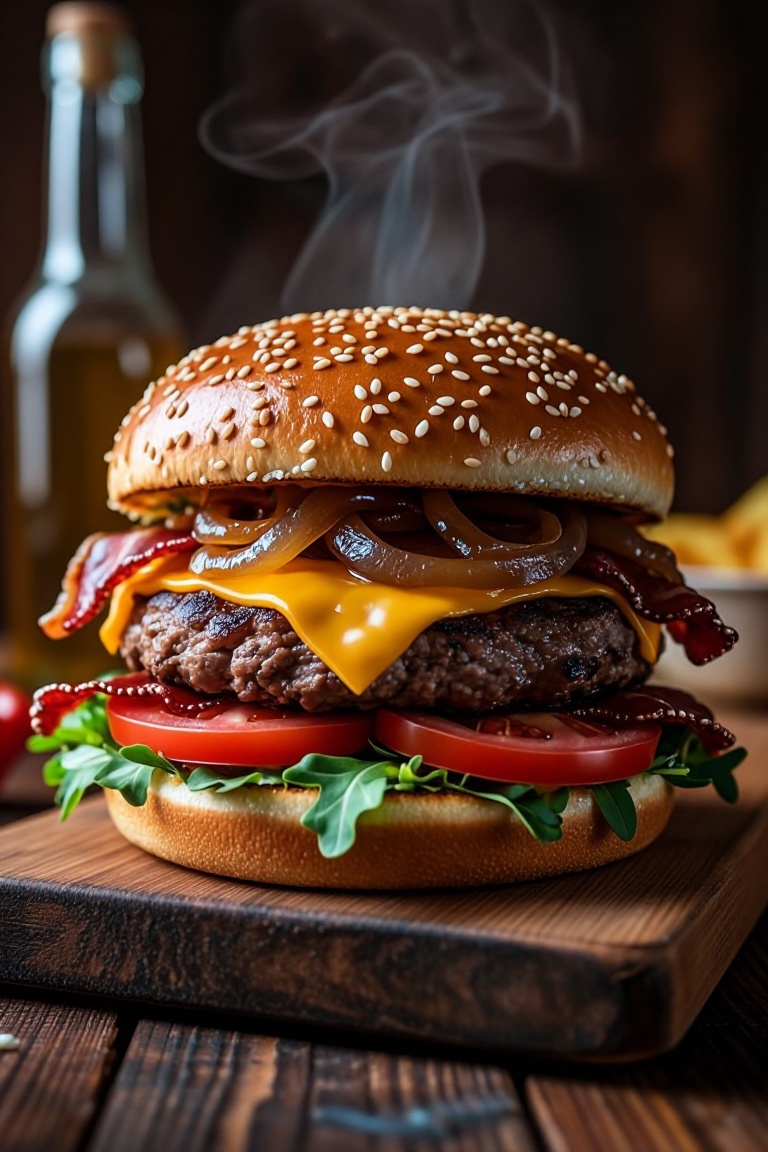 The image shows a large,  double-stacked hamburger placed on a rustic wooden board. The top bun is topped with sesame seed...