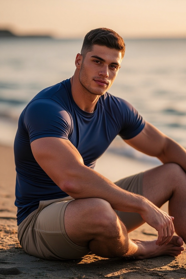 A toned young man with close-cropped dark hair and strong features is sitting on the sand near the shoreline at sunset. He...