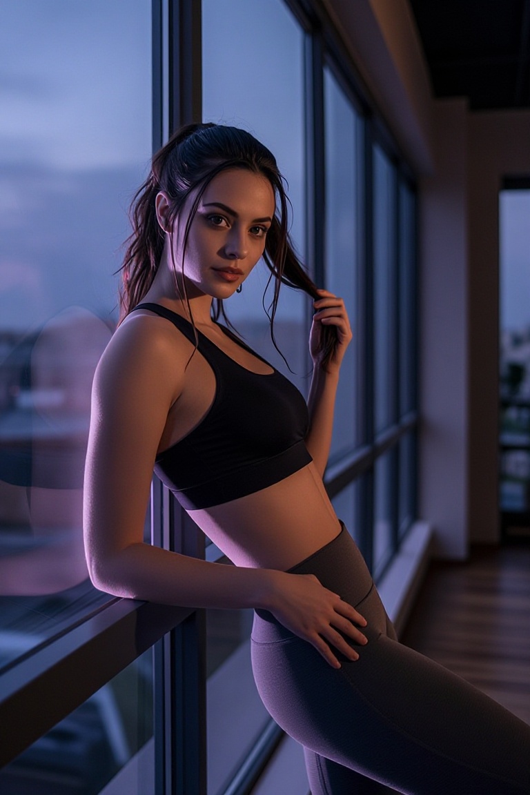 A young woman with long dark hair tied in a loose ponytail and sharp,  confident eyes is leaning against a large floor-to-...