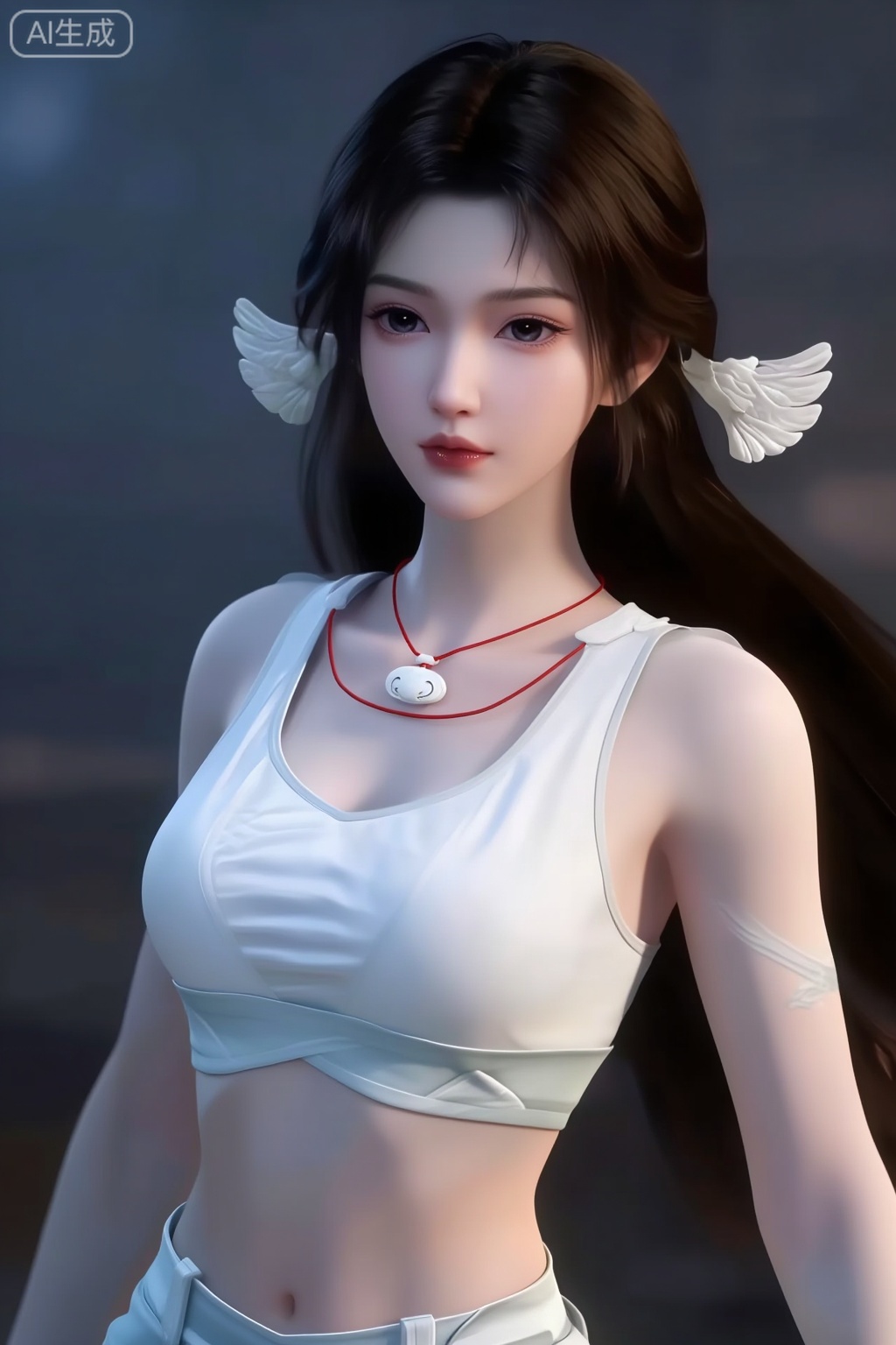 这是一个CGI动画风格,国漫女角色,她的名字叫宋玉,她有着白皙的皮肤和深棕色的长发。她有着一双富有表情的大眼睛,化着精致的妆容,嘴唇涂着淡淡的光泽。她的脖子上挂着一条红绳项链,上面挂着一个华丽的白色小吊坠。她的头发上装饰着精致的白色翅膀状发饰。她穿着一件白色运动背心,运动短裤。整体强调优雅、宁静。柔焦美学,情绪写意,前卫视觉艺术美学,大片高级感,电影美学,大师杰作, 