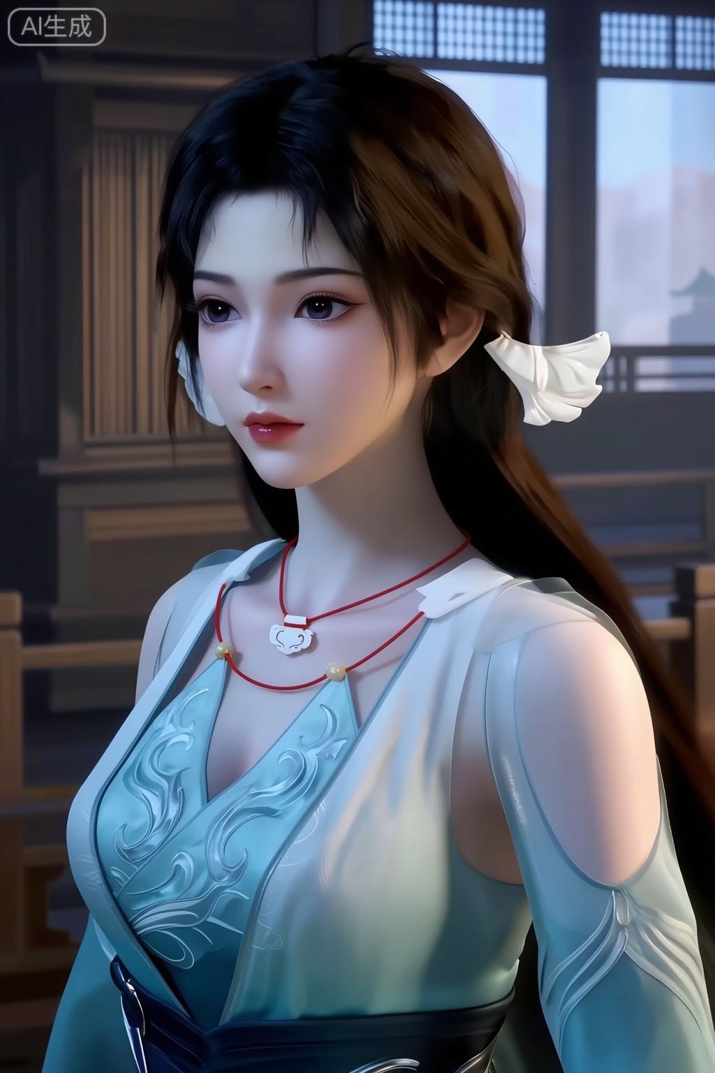 这是一个CGI动画风格,国漫女角色,她的名字叫宋玉,她有着白皙的皮肤和深棕色的长发。她有着一双富有表情的大眼睛,化着精致的妆容,嘴唇涂着淡淡的光泽。她有一头深棕色的长发,戴着白色的发饰。她的服装包括一件带有复杂花卉图案的浅蓝色无袖上衣和一条带有白色小吊坠的红色项链。背景是带有木镶板和大窗户的室内环境,暗示着传统的日本或中国建筑风格。灯光柔和,凸显出她平静的表情以及衣服和头发的微妙纹理。图像具有真实感,但又略显空灵。柔焦美学,情绪写意,前卫视觉艺术美学,大片高级感,电影美学,大师杰作, 