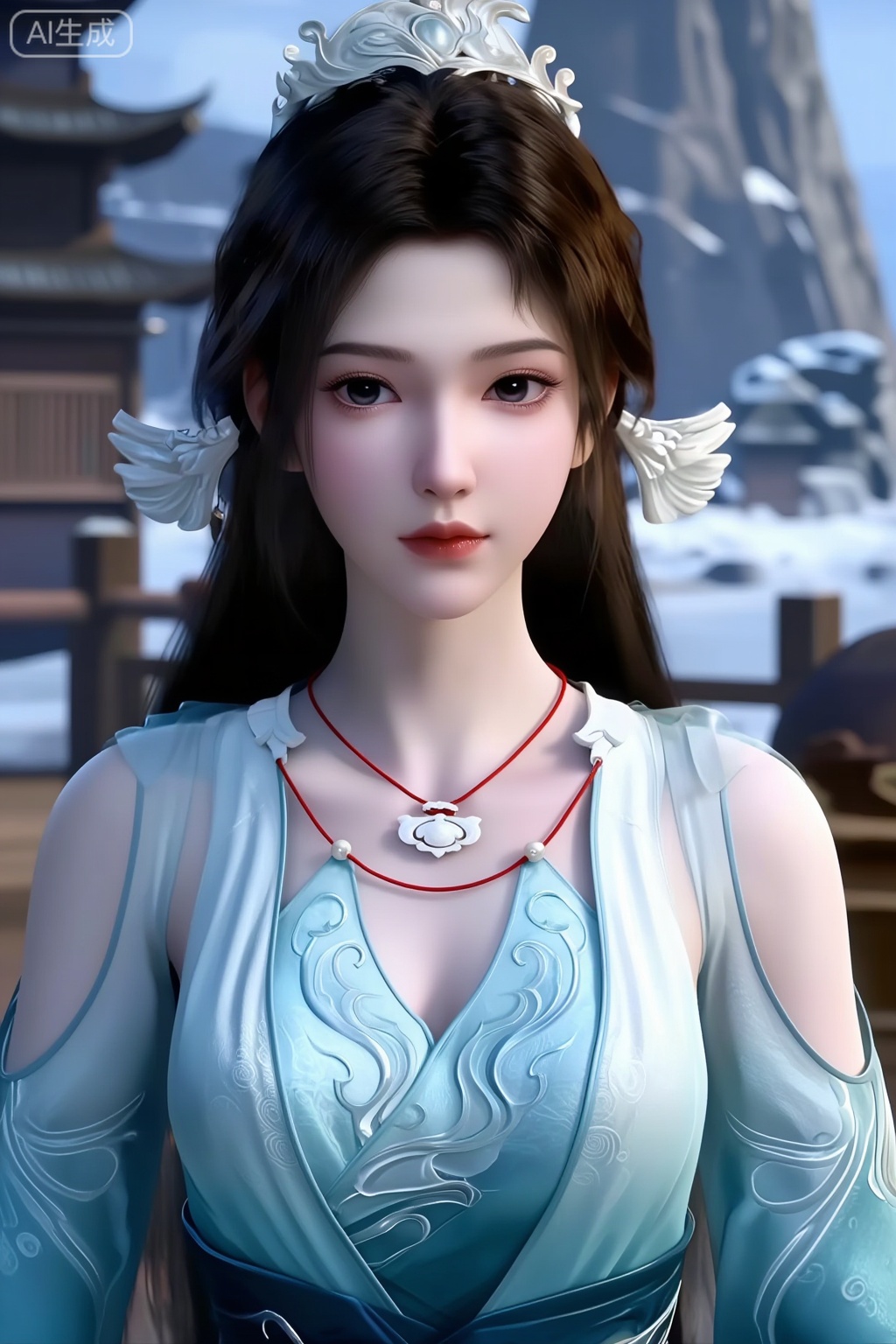 这是一个CGI动画风格,国漫女角色,她的名字叫宋玉,她有着白皙的皮肤和深棕色的长发。她有着一双富有表情的大眼睛,化着精致的妆容,嘴唇涂着淡淡的光泽。她穿着一件浅蓝色、图案复杂的深V 领无袖连衣裙,凸显了她端庄的胸部。她的脖子上挂着一条红绳项链,上面挂着一个华丽的白色小吊坠。她的头发上装饰着精致的白色翅膀状发饰。背景是模糊的雪景、木制建筑和巨大的岩层。整体风格写实中夹杂着奇幻元素,强调优雅、宁静。柔焦美学,情绪写意,前卫视觉艺术美学,大片高级感,电影美学,大师杰作, 
