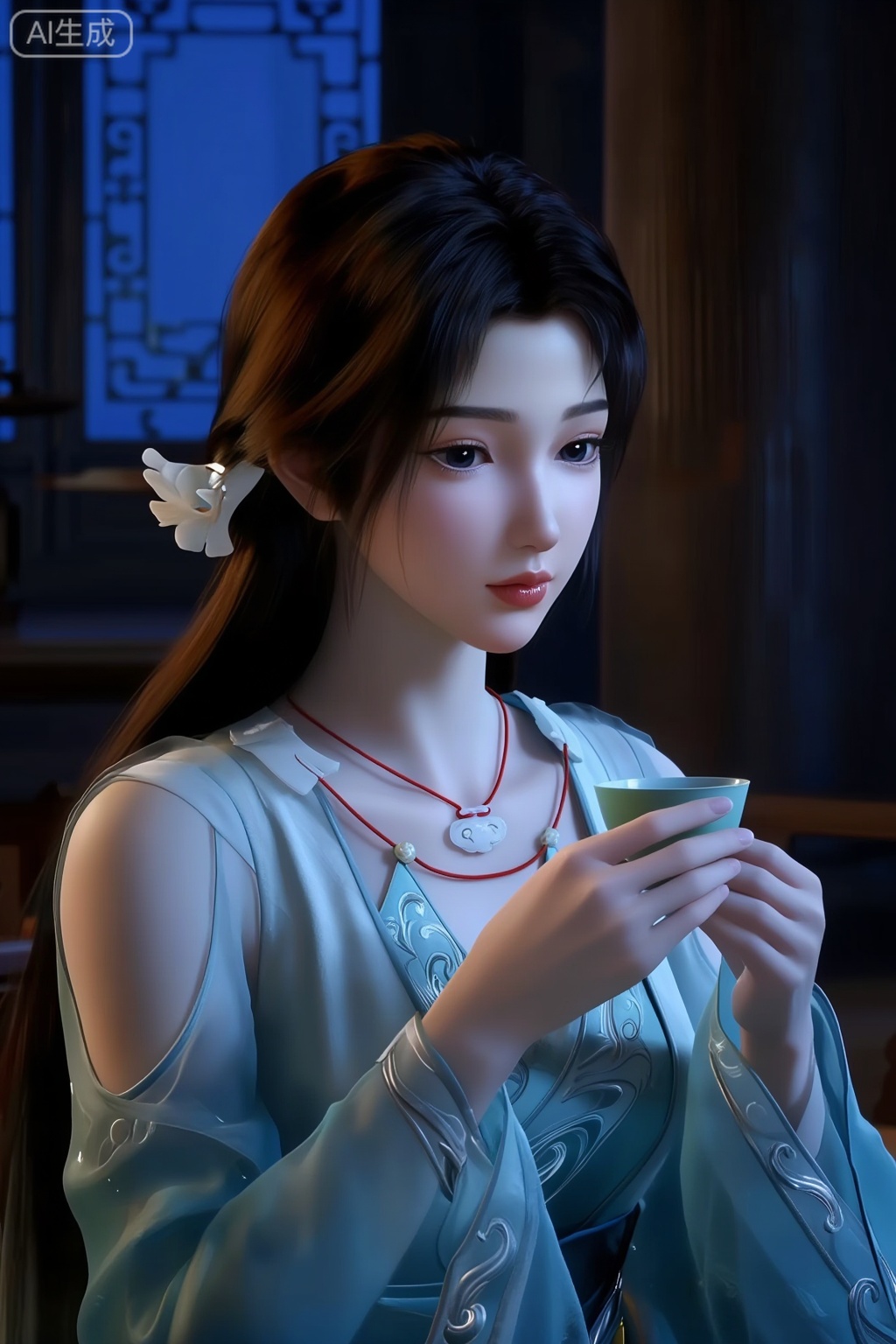 这是一个CGI动画风格,国漫女角色,她的名字叫宋玉,她有着白皙的皮肤和深棕色的长发。她有着一双富有表情的大眼睛,化着精致的妆容,嘴唇涂着淡淡的光泽。坐在光线昏暗的房间里。她有一头棕色的长直发,上面戴着一个白色的发夹,左边有一朵白色的小花。她穿着优雅的浅蓝色衣服,上面有精致的银色刺绣和独立的袖子。她的双手轻轻地握着一个绿色的小杯子,戴着一条带有白色吊坠的红色项链。背景包括深色木柱和带图案的蓝色窗户,营造出宁静、传统的氛围。女子神情平静、内省,给形象增添了一份静谧优雅之感。柔焦美学,情绪写意,前卫视觉艺术美学,大片高级感,电影美学,大师杰作, 