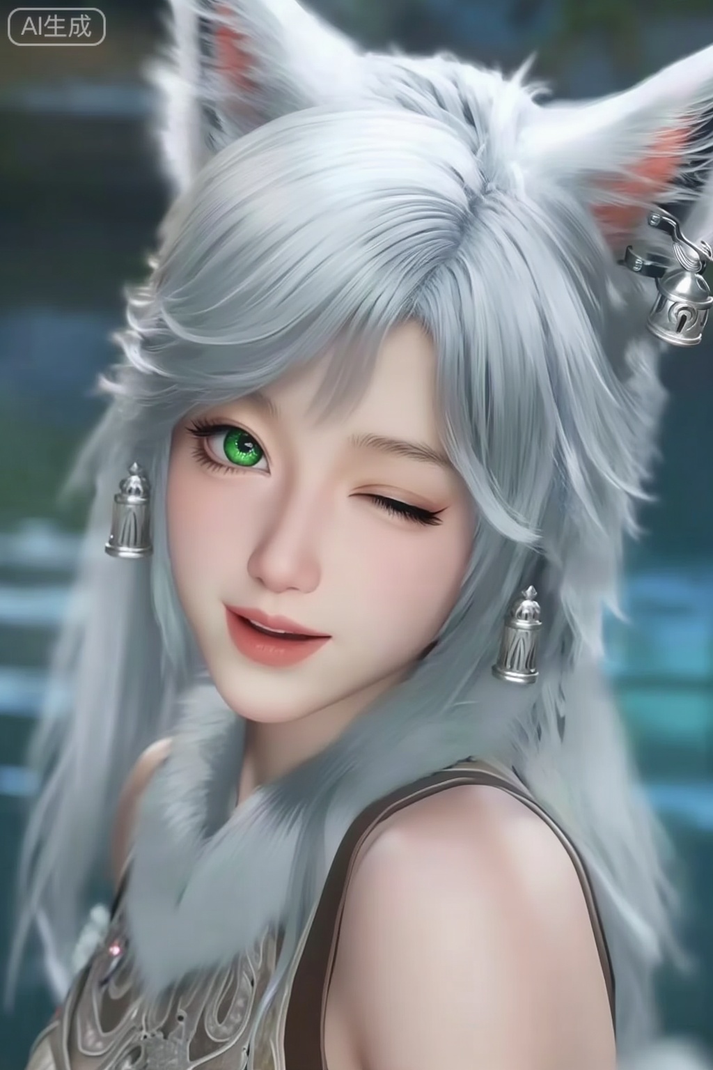这是CGI动漫风格的图,国漫角色,她的名字叫银月,一个长着飘逸的白色长发和尖耳朵的人物,看起来像狐狸。这个角色被复杂的银色配饰装饰着,包括耳环和带有小装饰元素的头饰。这是一张高度详细的CGI 图像,显示的是一位有着动漫风格外观的年轻女性。她有一头蓬松的银白色长发,狐狸般的耳朵上戴着小银铃。她的眼睛很大,呈绿色,表情丰富,一只眼睛顽皮地眨着眼睛。她的皮肤光滑白皙,脸颊上还带着淡淡的红晕。她穿着一件毛皮镶边的衣服,从画面底部可见。背景模糊,混合了蓝色和绿色色调,暗示着自然的户外水景。整体风格写实,但又保留了高品质数字动漫艺术典型的柔和、空灵的品质。。柔焦美学,情绪写意,前卫视觉艺术美学,大片高级感,电影美学,大师杰作.