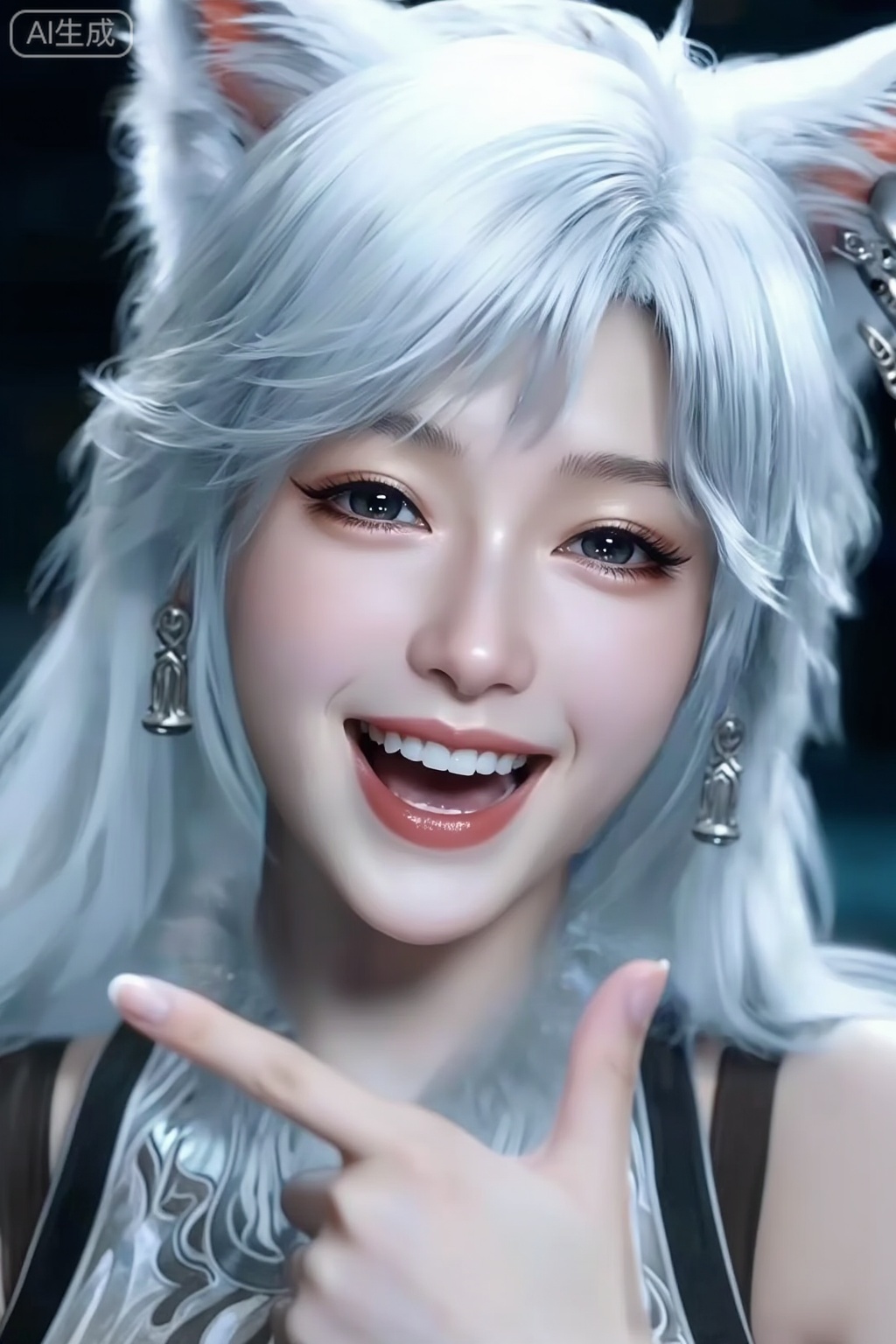 这是CGI动漫风格的图,国漫角色,她的名字叫银月,一个长着飘逸的白色长发和尖耳朵的人物,看起来像狐狸。这个角色被复杂的银色配饰装饰着,包括耳环和带有小装饰元素的头饰。衣服、眼睛的光泽以及全身的皮肤纹理都清晰可辨,脸部细节极其丰富,皮肤白暂光泽,冷白光感,超高细节精度。捧腹大笑,近照,手指指着。柔焦美学,情绪写意,前卫视觉艺术美学,大片高级感,电影美学,大师杰作.