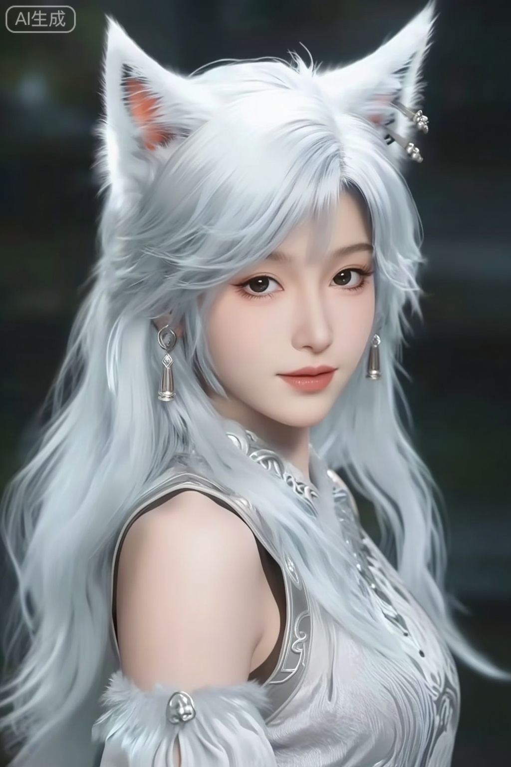这是CGI动漫风格的图,国漫角色,她的名字叫银月,一个长着飘逸的白色长发和尖耳朵的人物,看起来像狐狸。这个角色被复杂的银色配饰装饰着,包括耳环和带有小装饰元素的头饰。