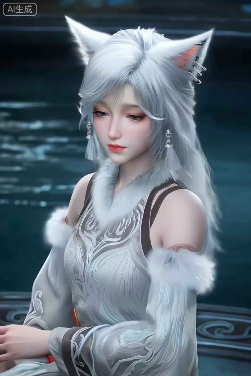这是CGI动漫风格的图,国漫角色,她的名字叫银月,一个长着飘逸的白色长发和尖耳朵的人物,看起来像狐狸。这个角色被复杂的银色配饰装饰着,包括耳环和带有小装饰元素的头饰这是一张非常详细的数字CGI 图像,图像是一个年轻、白皙的女性角色,有着白色的猫一样的耳朵和长长的银色头发。她有着精致的粉红色嘴唇和浅蓝色的眼睛,表情略显低落、忧郁。她的着装以精致的白色毛​​皮镶边袖子和带图案的高领服装为特色。背景显示了黑暗的反光水面,带有装饰性的圆形石边。角色的整体外观和风格让人想起奇幻或动漫美学,注重柔软的纹理和宁静、近乎空灵的氛围。灯光柔和,突出了她的五官和头发。整体强调优雅、宁静。柔焦美学,情绪写意,前卫视觉艺术美学,大片高级感,电影美学,大师杰作.