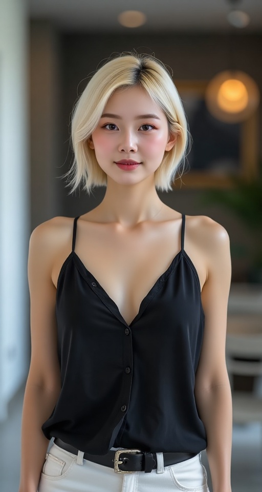 Generate a real-world photograph realistic photography 1girl solo breasts looking at viewer smile short hair blonde hair s...