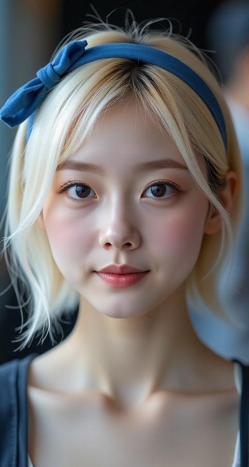 Generate a real-world photograph realistic photography 1girl solo looking at viewer smile short hair blonde hair closed mo...