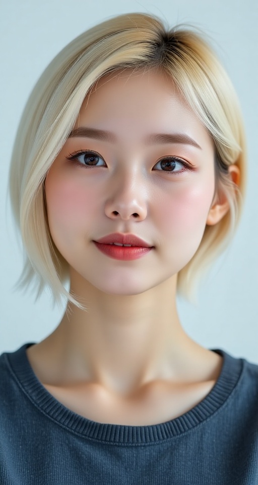 Generate a real-world photograph realistic photography 1girl solo looking at viewer smile short hair blonde hair closed mo...