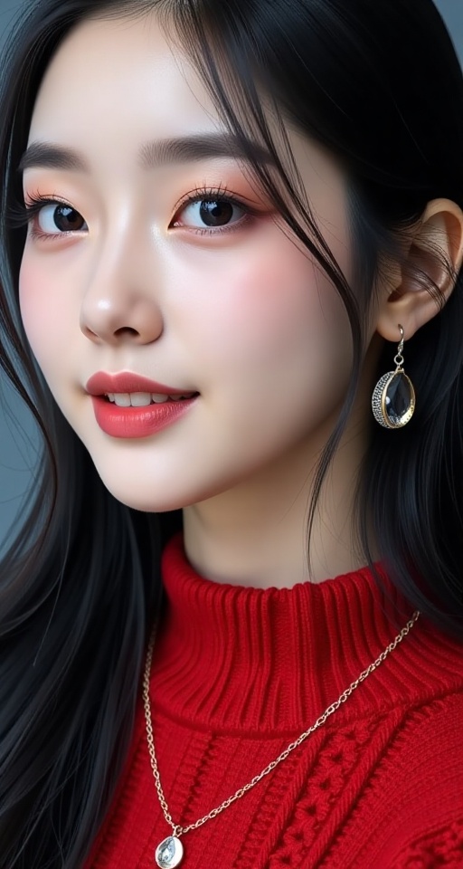 Generate a real-world photograph realistic photography 1girl solo long hair black hair jewelry upper body earrings teeth b...