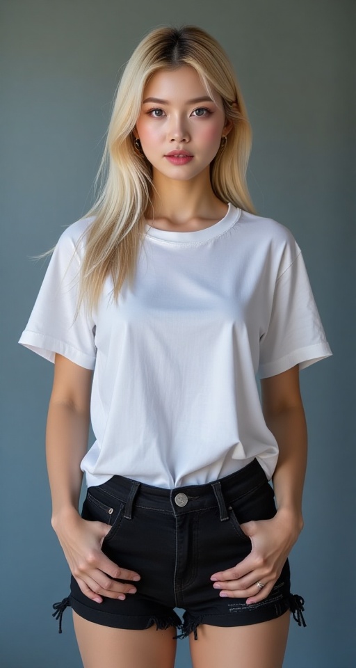 Generate a real-world photograph realistic photography 1girl solo blue eyes blonde hair shirt standing white shirt short s...