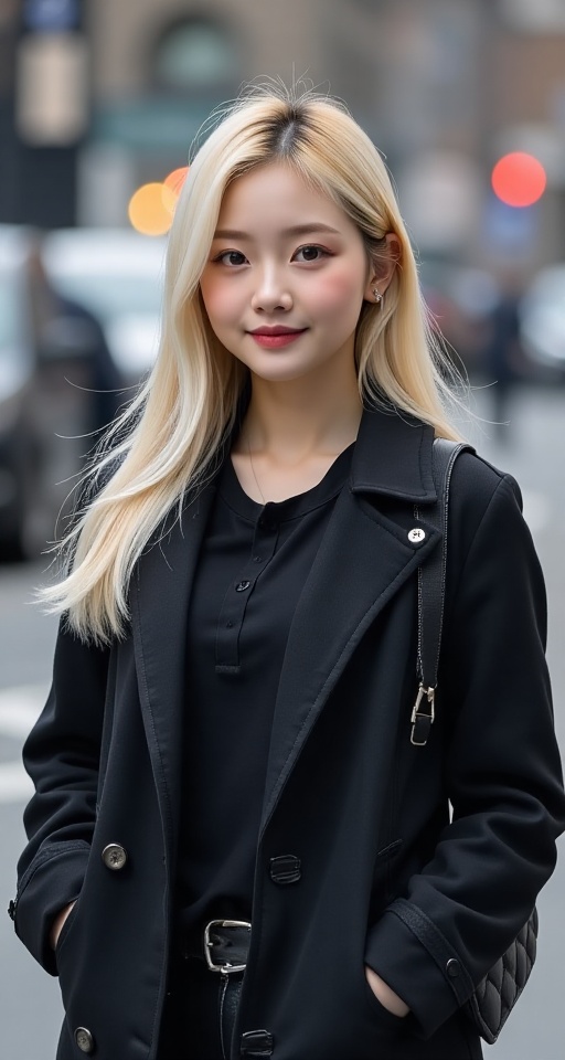 Generate a real-world photograph realistic photography 1girl solo looking at viewer smile blonde hair shirt long sleeves s...