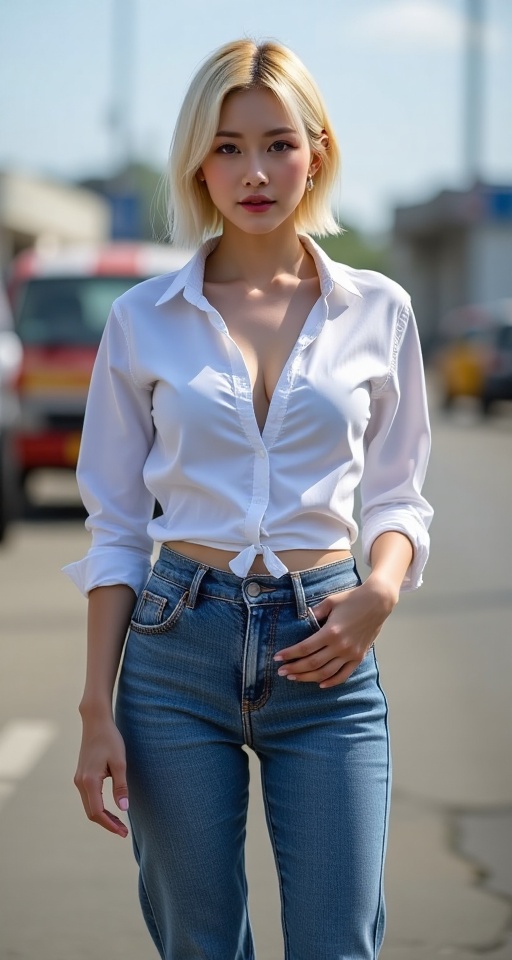 Generate a real-world photograph realistic photography 1girl solo breasts looking at viewer short hair blonde hair shirt l...