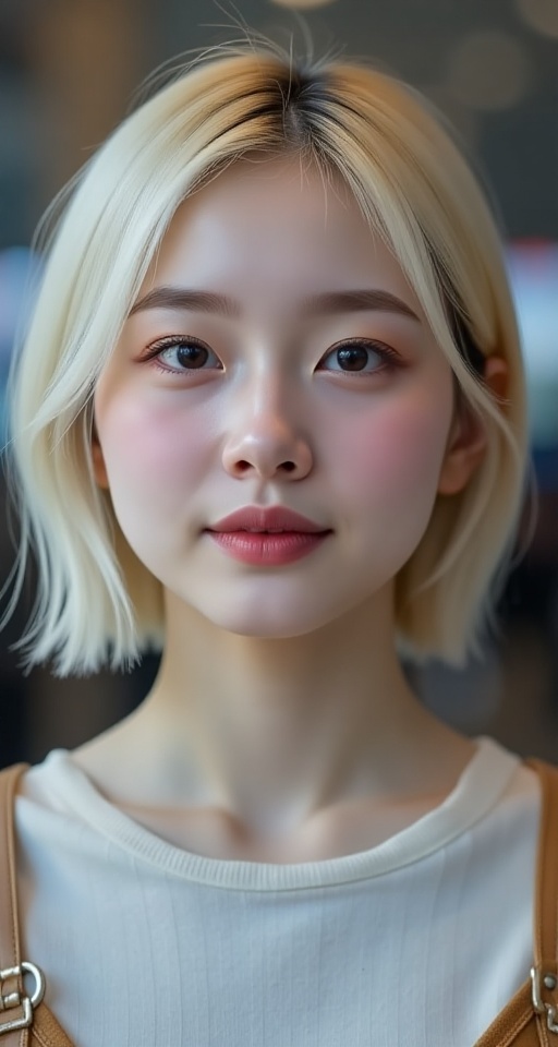 Generate a real-world photograph realistic photography 1girl solo looking at viewer smile short hair blonde hair closed mo...