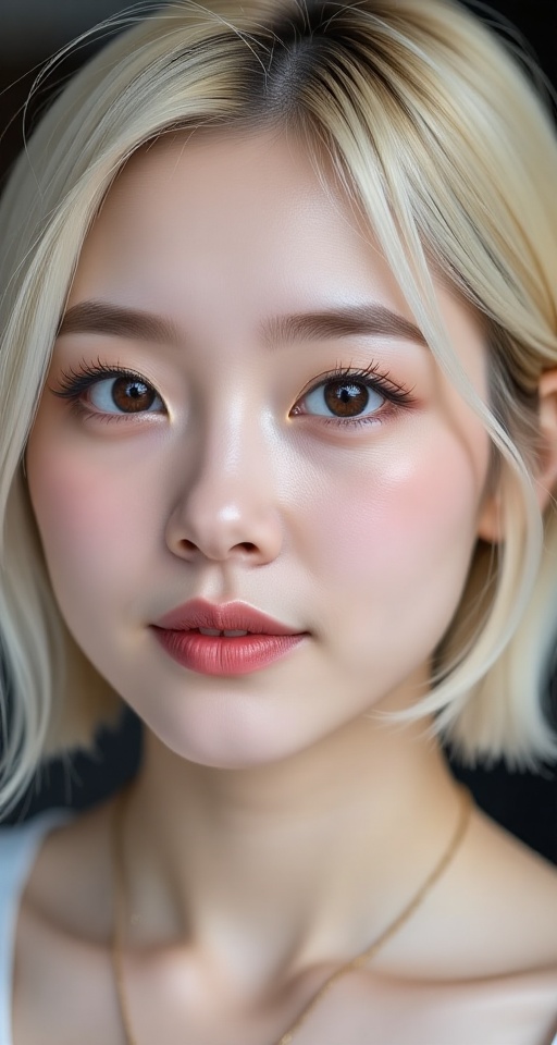 Generate a real-world photograph realistic photography 1girl solo looking at viewer smile short hair blonde hair brown eye...