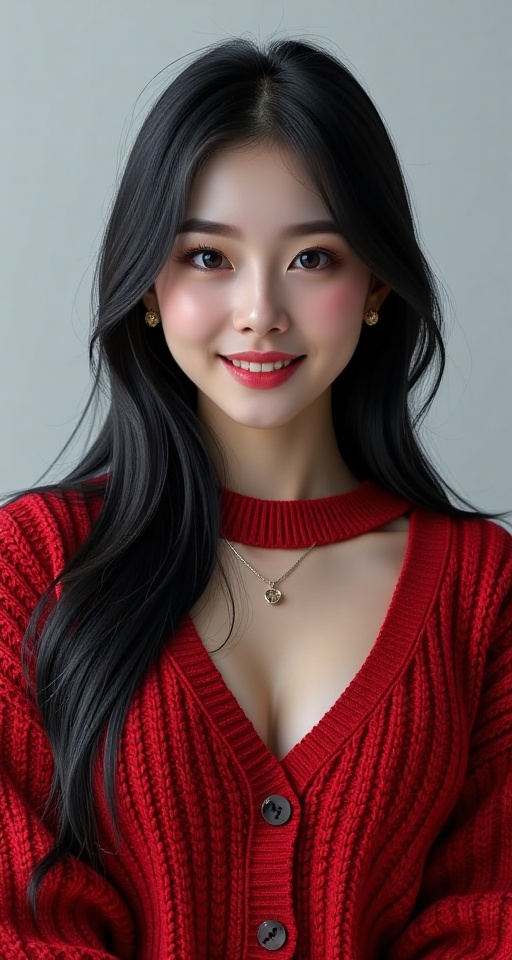 Generate a real-world photograph realistic photography 1girl solo long hair black hair breasts jewelry upper body earrings...