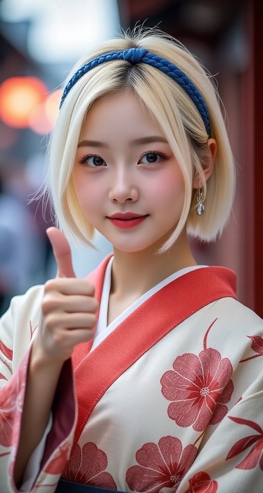 Generate a real-world photograph realistic photography 1girl solo looking at viewer smile short hair blonde hair upper bod...
