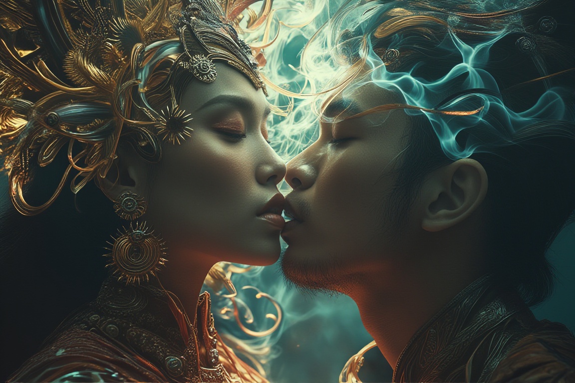close-up French kissing balinese woman BREAK and a handsome man ,  Their lips met softly at first,  exploring the warmth a...