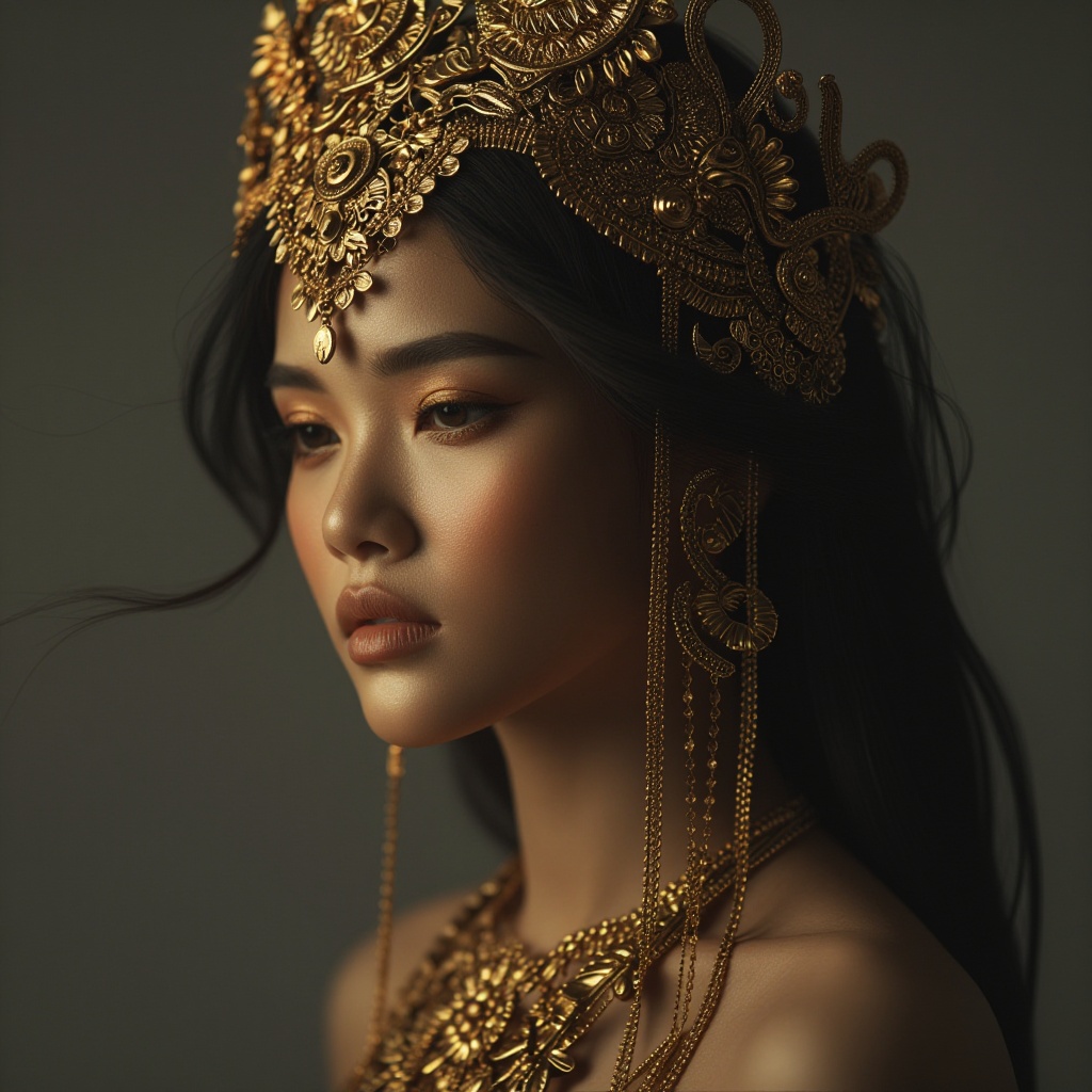 A stunningly beautiful woman with dark,  flowing hair and warm,  glowing skin gazes serenely to the side on Tensor.Art