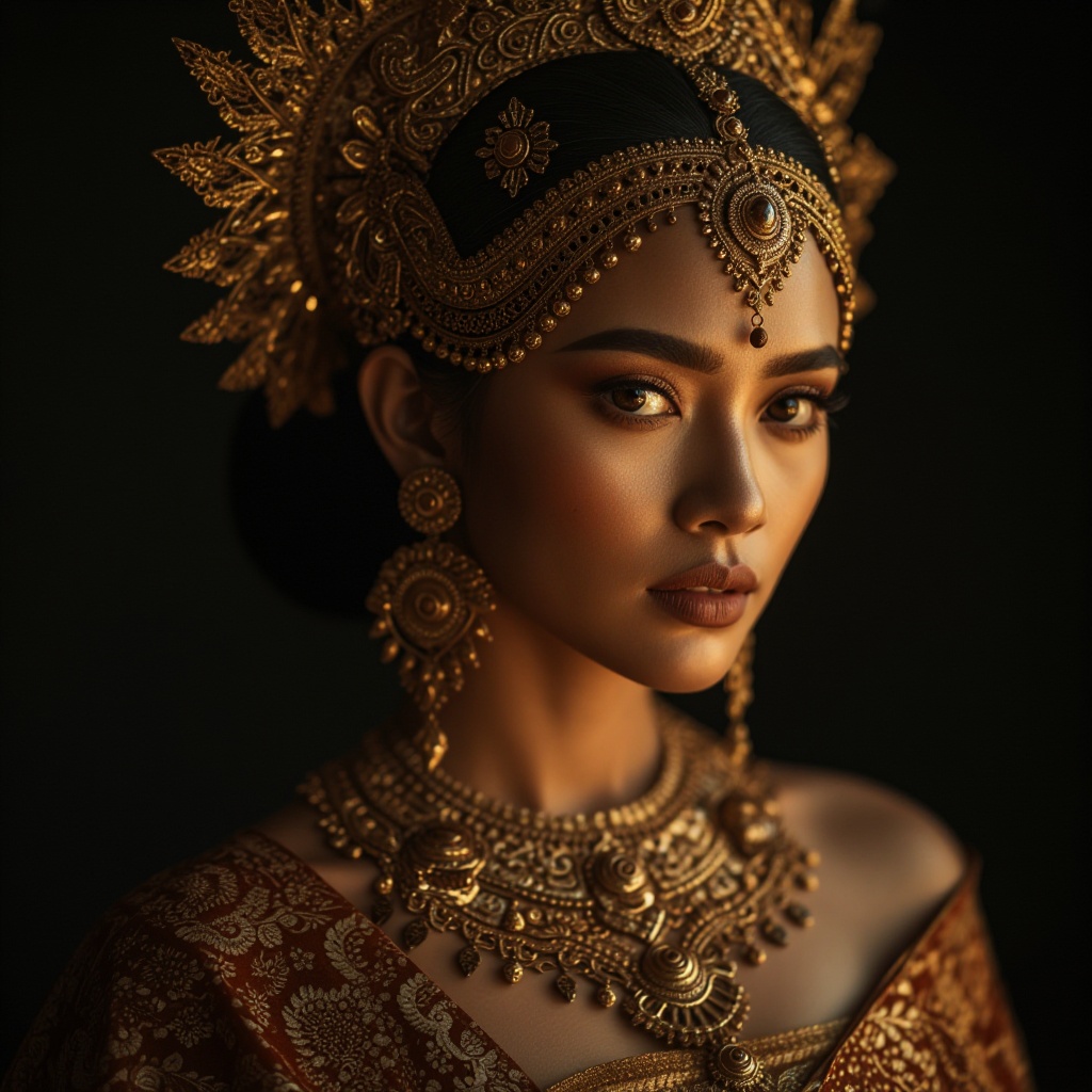 Create a captivating portrait of a regal woman with South Asian javanese features,  her dark hair intricately styled and a...