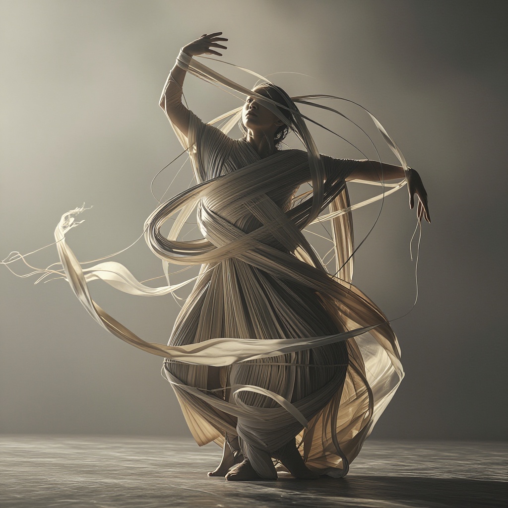 A dancer is performing,  with several ribbons wildly entangled around their body tightly,  but beneath them on Tensor.Art