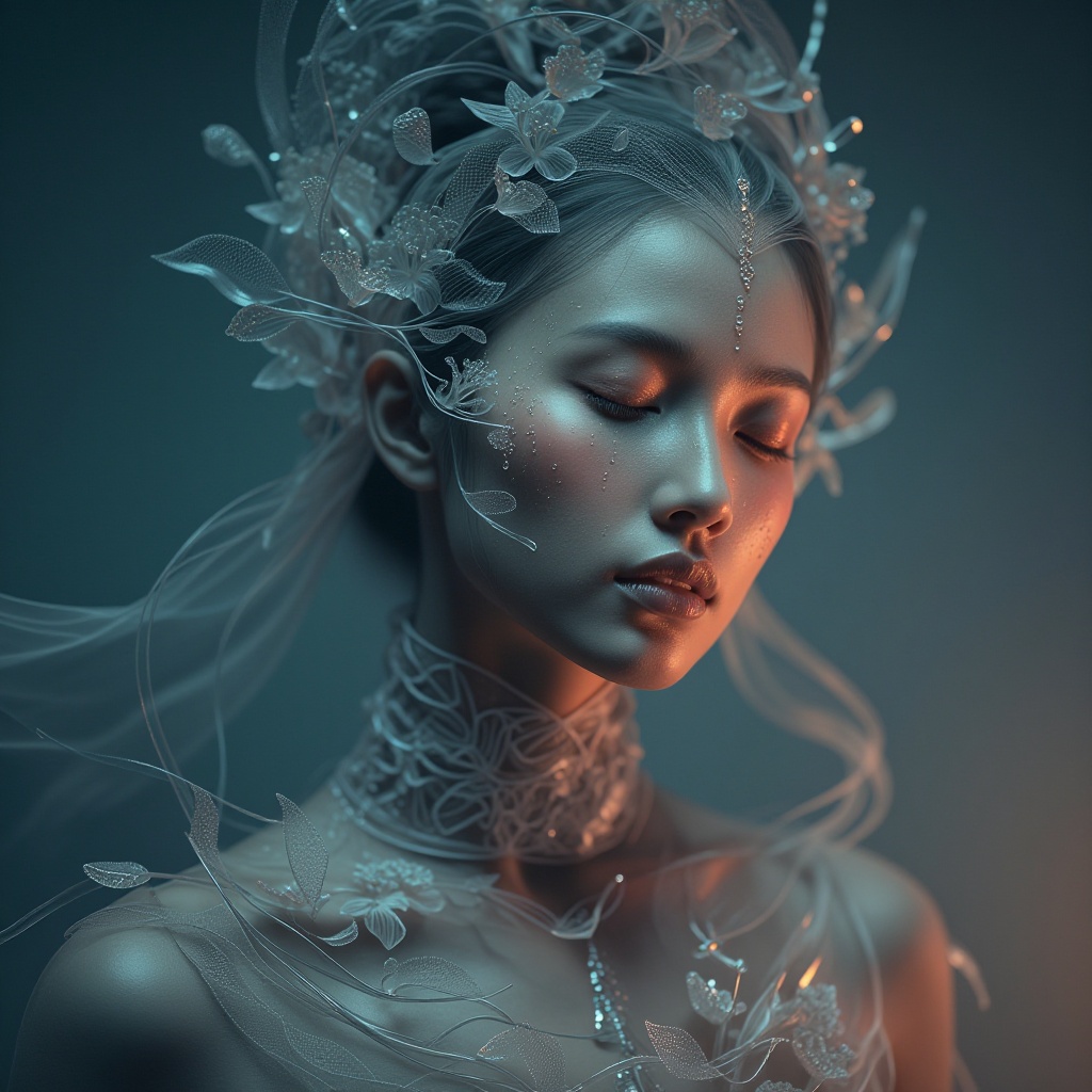 A serene Asian woman with delicately chiseled features and closed eyes is the main subject,  her skin appearing cool-toned...