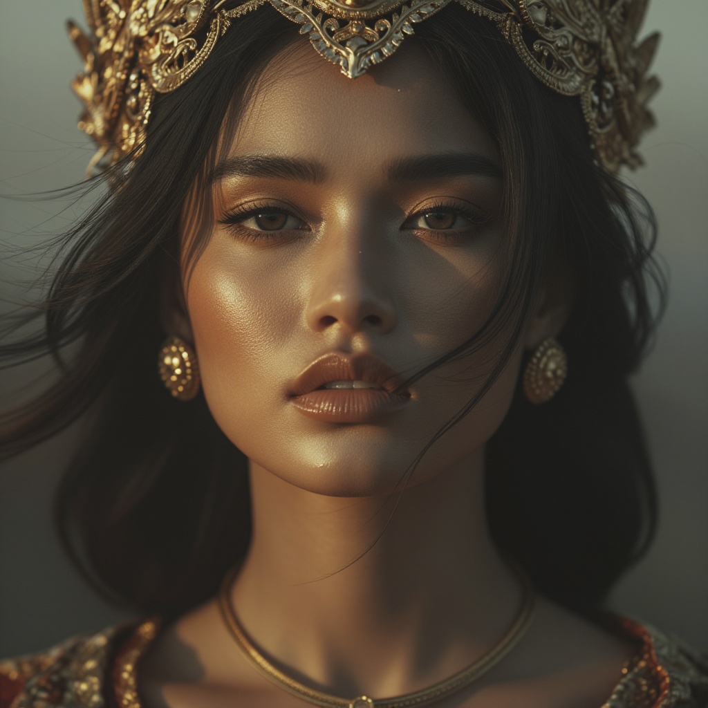 A close-up portrait of a woman with radiant,  slightly tanned skin,  gazing off-camera with a contemplative expression on...