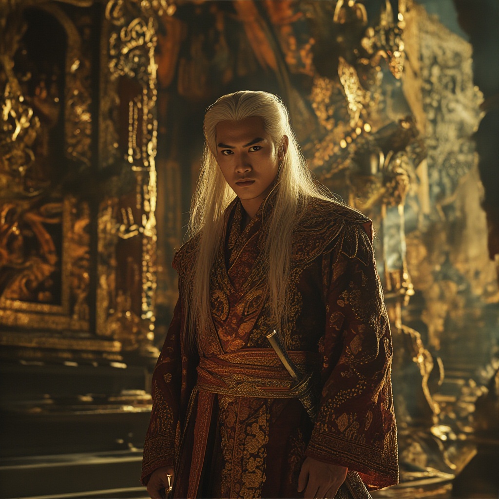 Create a regal portrait of a young,  androgynous Asian individual with long,  flowing platinum blonde hair on Tensor.Art