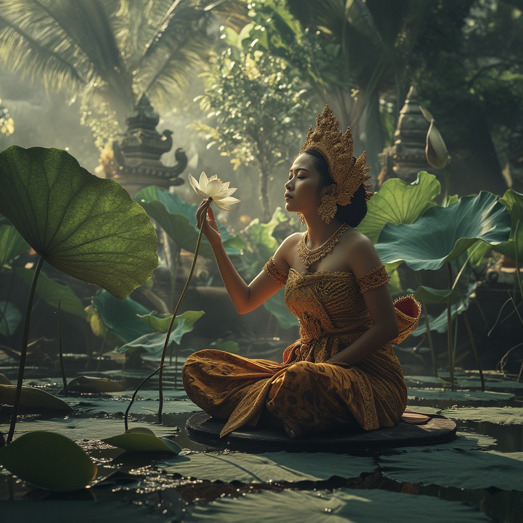 An artistic composition showing a balinese woman in a serene garden surrounded by giant lotus leaves. She gazes at a singl...