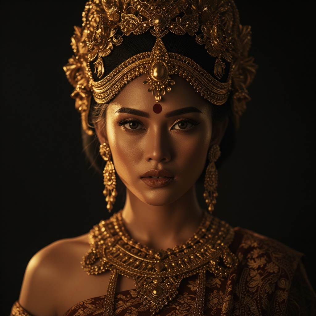 Create a captivating portrait of a regal woman with South Asian javanese features,  her dark hair intricately styled and a...