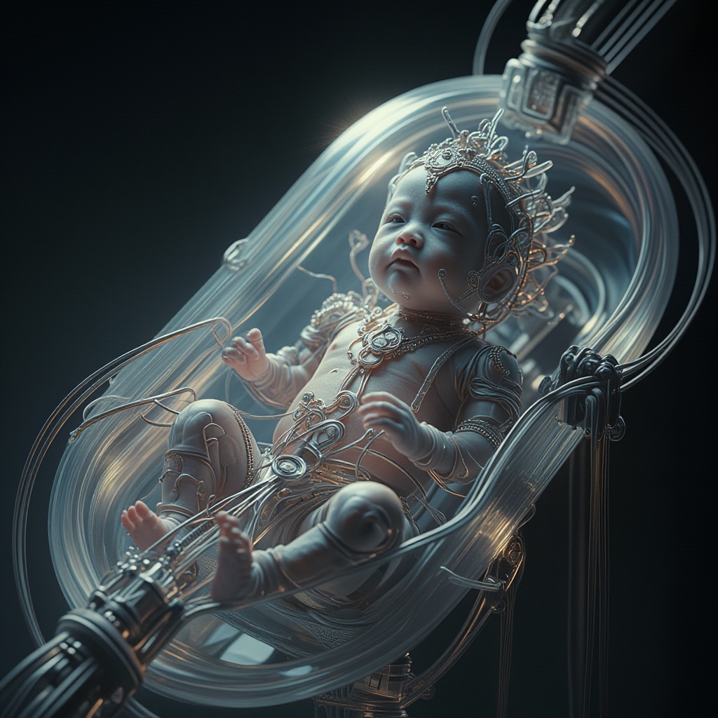 close up photo of cyborg style,  new born balinese child inside a translucent tube glass ,  cable on Tensor.Art