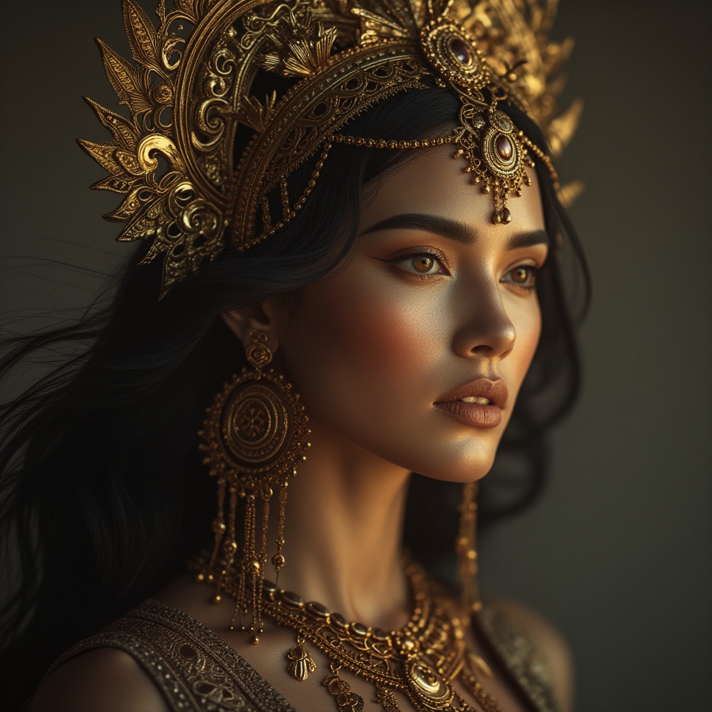 A stunningly beautiful woman with dark,  flowing hair and warm,  glowing skin gazes serenely to the side on Tensor.Art
