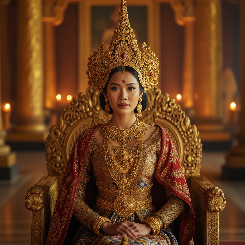 Compose a portrait of a regal Southeast Asian woman,  elegantly seated,  gazing directly at the viewer with a composed and...