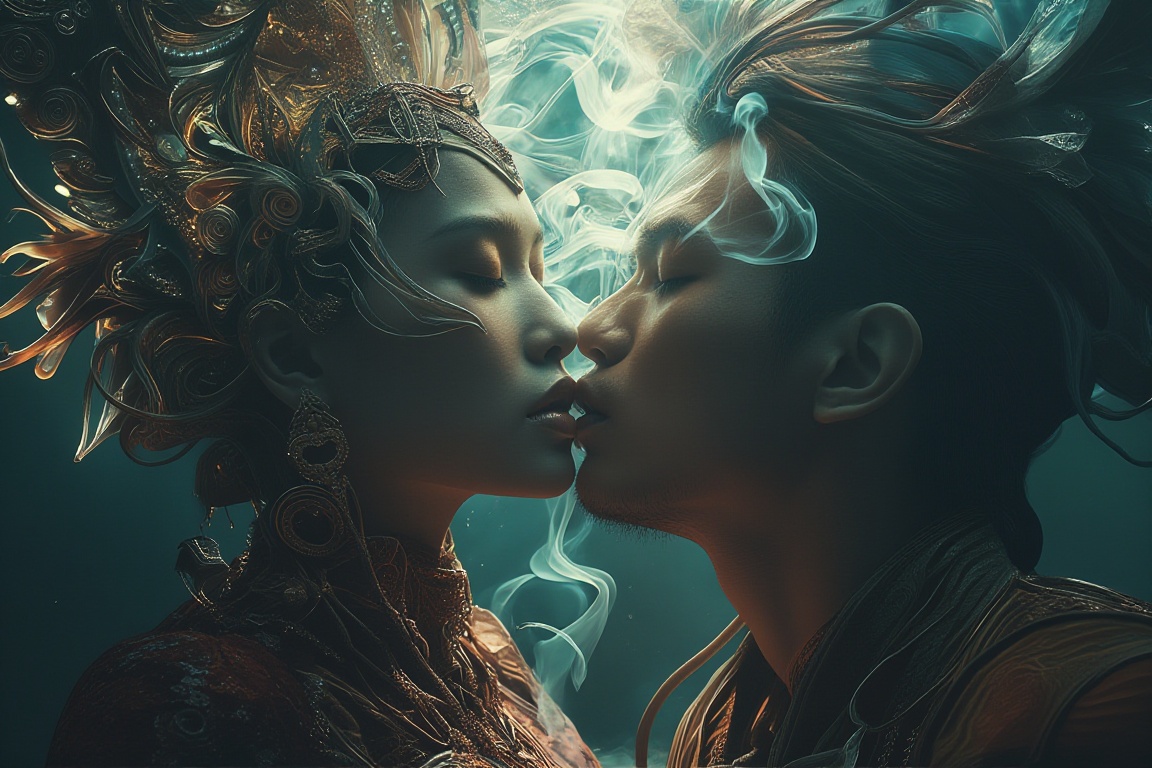 close-up French kissing balinese woman BREAK and a handsome man ,  Their lips met softly at first,  exploring the warmth a...