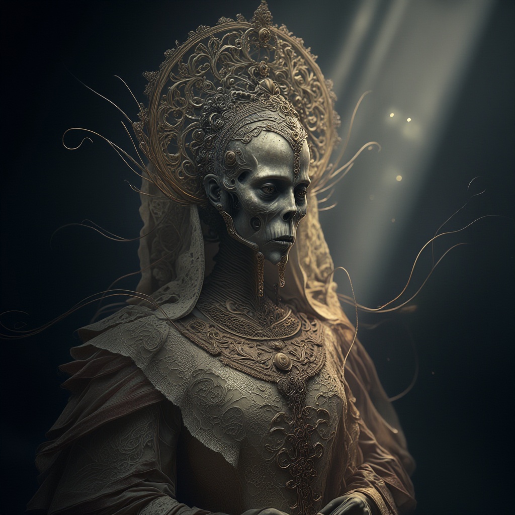 A skeleton wearing a lace dress and an elegant veil,  in the style of national geographic photo,  soft sculpture on Tensor...