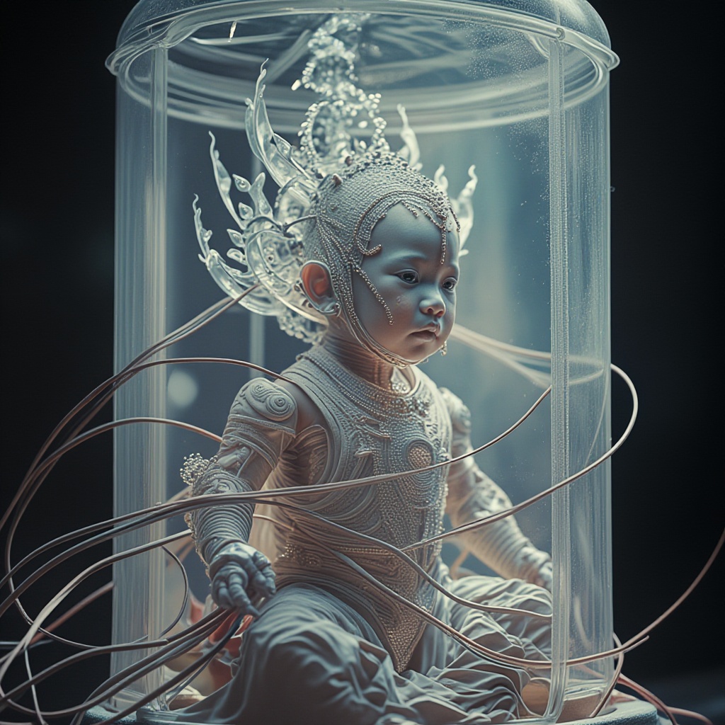 close up photo of cyborg style,  new born balinese child inside a translucent tube glass ,  cable on Tensor.Art