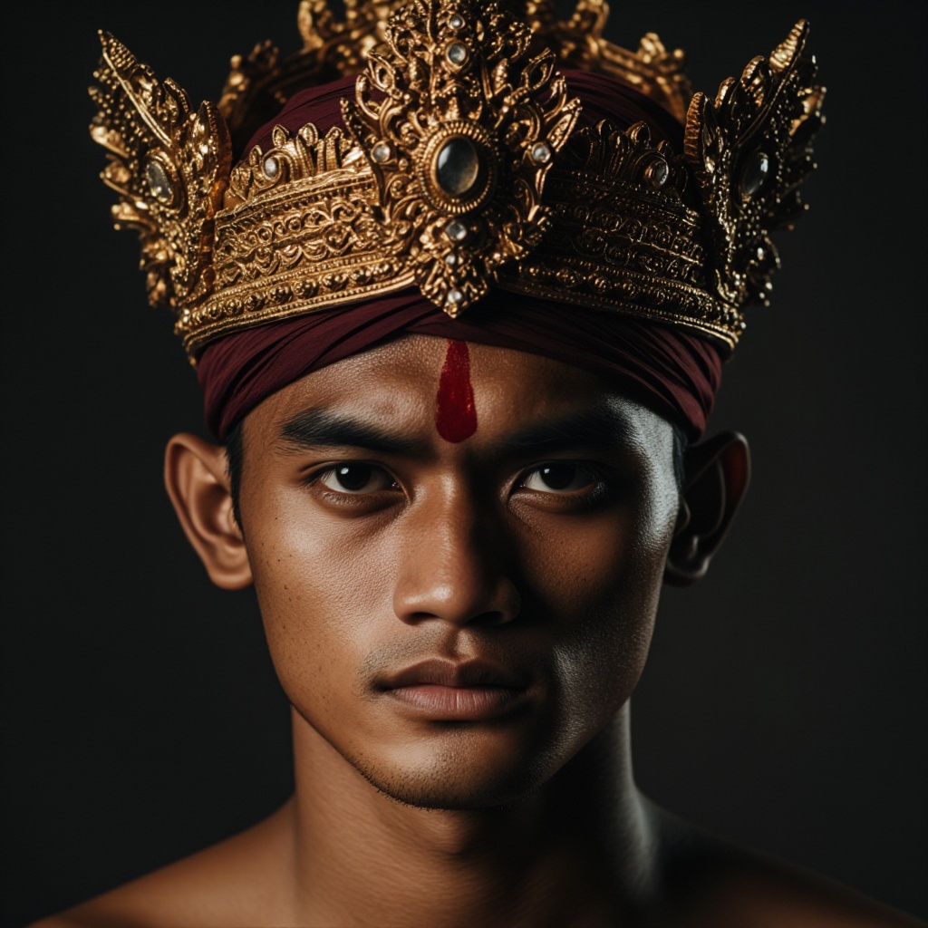 A close-up portrait of a young balinese handsome man,  with deeply tanned skin and intense,  focused eyes on Tensor.Art